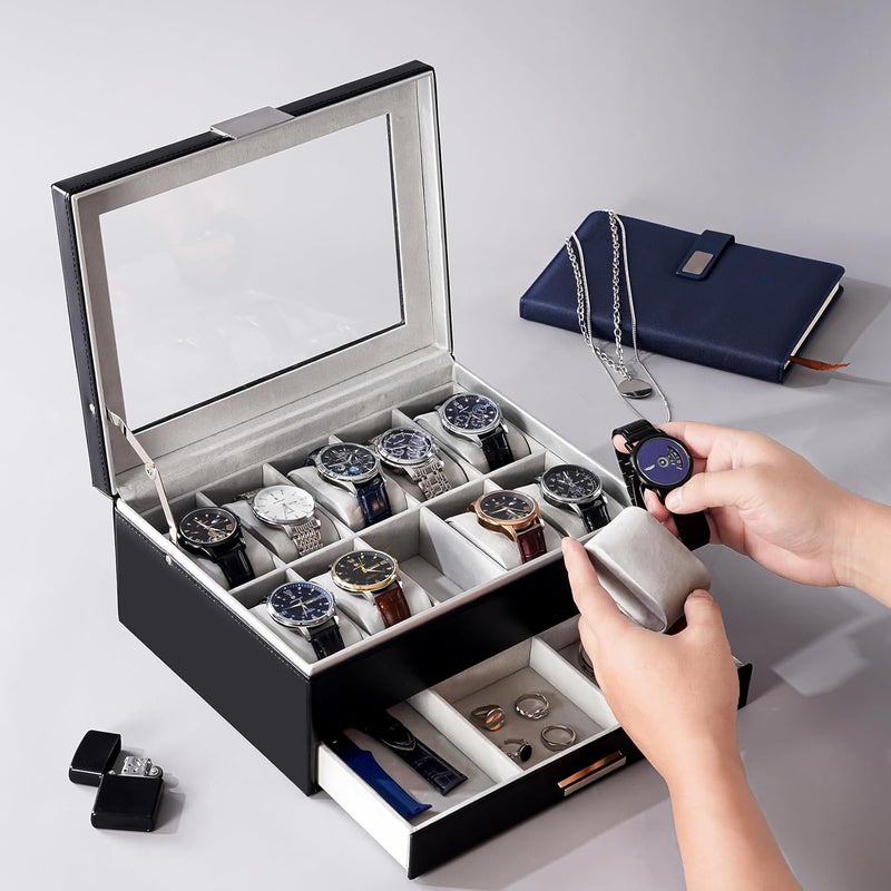 Procase Watch Case for Women, 10 Slot Watch Display Case with Drawer, 2-Layer Womens Watch Box, 10 Watch Box Organizer, Jewelry and Watch Holder Storage Case With Glass Lid -Black - Image 4